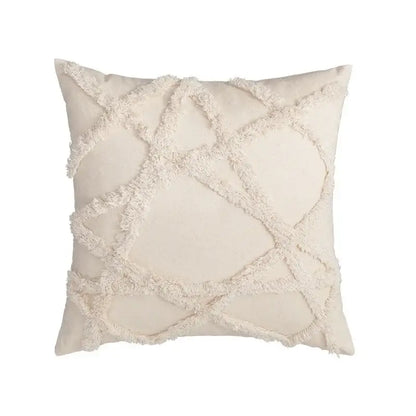 Cream-colored cushion cover with textured frayed geometric pattern beige boho style decorbites beige boho pillow case