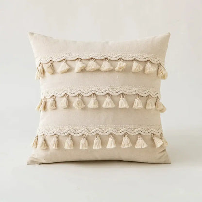 Beige cotton cushion cover with cream lace rows and tassels featured in decorbites beige tufted fringed design