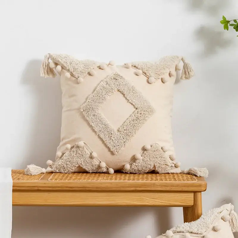 Beige throw pillow cover with tufted fringed geometric diamond embroidery pom-poms and tassels for living room decor
