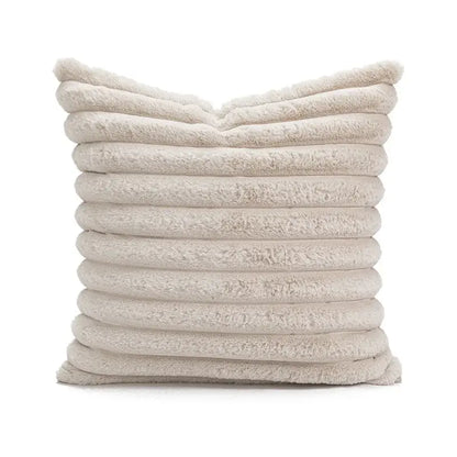 Beige plush pillow cover with ribbed tufted fringed geometric texture for boho living room decor