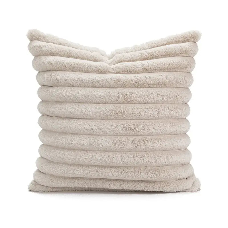 Beige plush pillow cover with ribbed tufted fringed geometric texture for boho living room decor