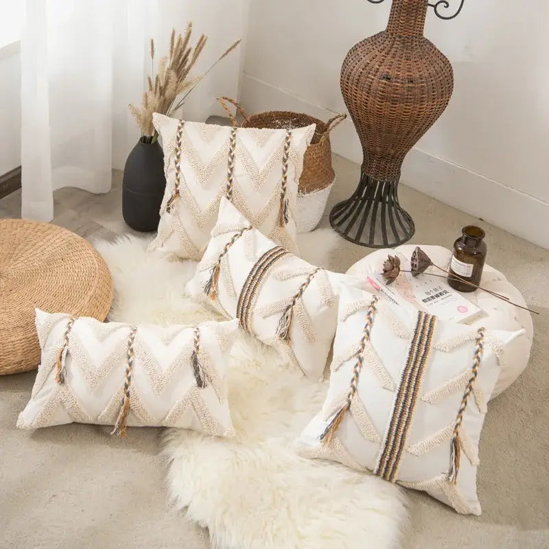 Cream-colored boho beige tufted pillow cover with geometric woven zigzag patterns and braided tassels for living room