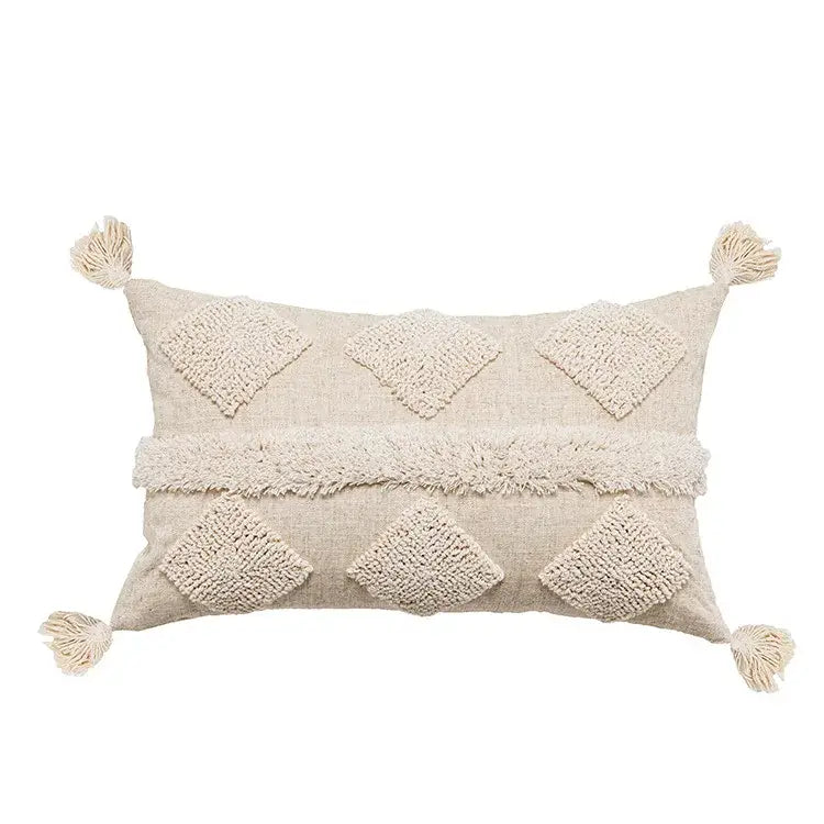 Beige white tufted boho beige pillow cover with diamond-shaped tufts and tassels for bedroom decorbites decor