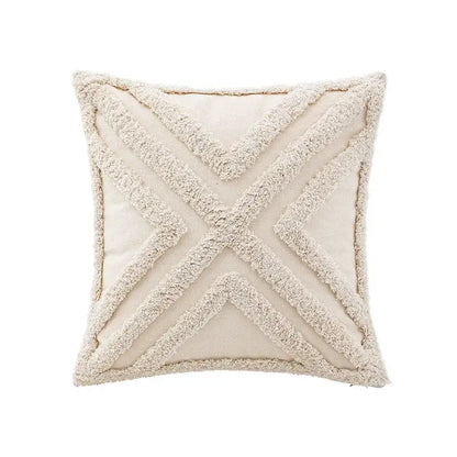 Cream-colored boho beige white tufted pillow cover with textured fuzzy cross pattern for bedroom decorbites boho beige decor