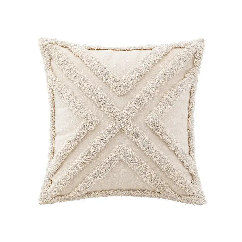 Cream-colored boho beige white tufted pillow cover with textured fuzzy cross pattern for bedroom decorbites boho beige decor