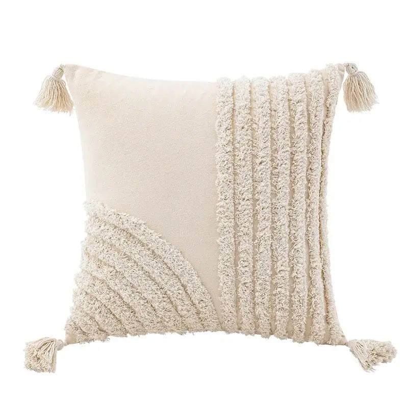 Cream-colored boho beige white tufted tassel pillow cover with textured fringed panels for bedroom decorbites boho beige decor