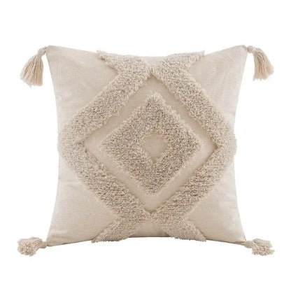 Beige white tufted boho beige pillow cover with textured diamond pattern and matching tassels for bedroom decorbites decor