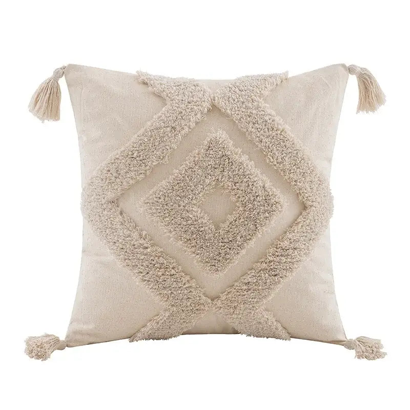 Beige white tufted boho beige pillow cover with textured diamond pattern and matching tassels for bedroom decorbites decor