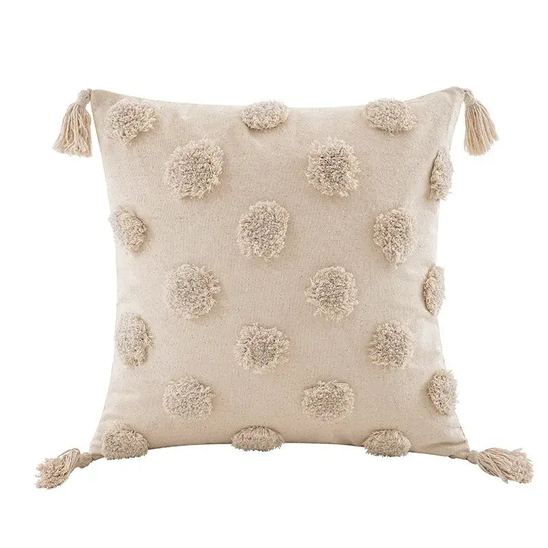 Beige white tufted boho beige pillow cover with textured pom-poms and tassels for bedroom decorbites boho beige decor