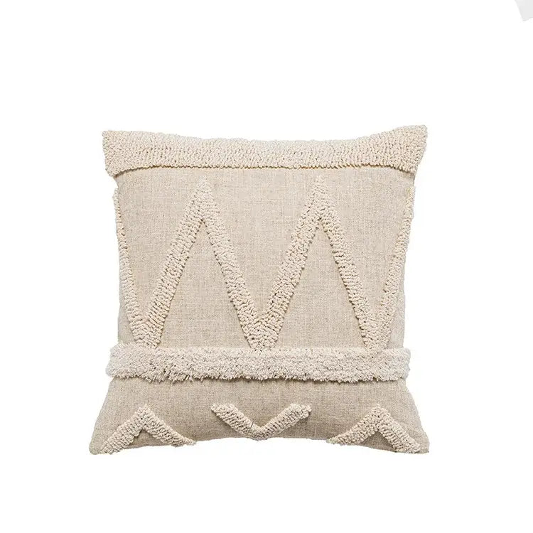 Beige white tufted boho beige throw pillow with woven geometric patterns and fringed edges for bedroom decorbites decor