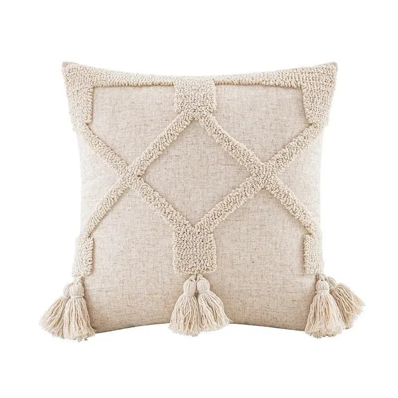 Beige white tufted boho beige pillow cover with cream woven tassels and fringe for decorbites bedroom decor
