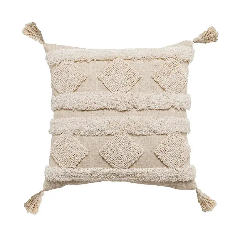 Beige white tufted throw pillow cover with diamond patterns and fringed tassels for boho beige white decorbites decor