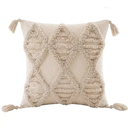 Beige white tufted boho beige throw pillow with textured fringed diamond appliqués and matching tassels for decorbites bedroom decor