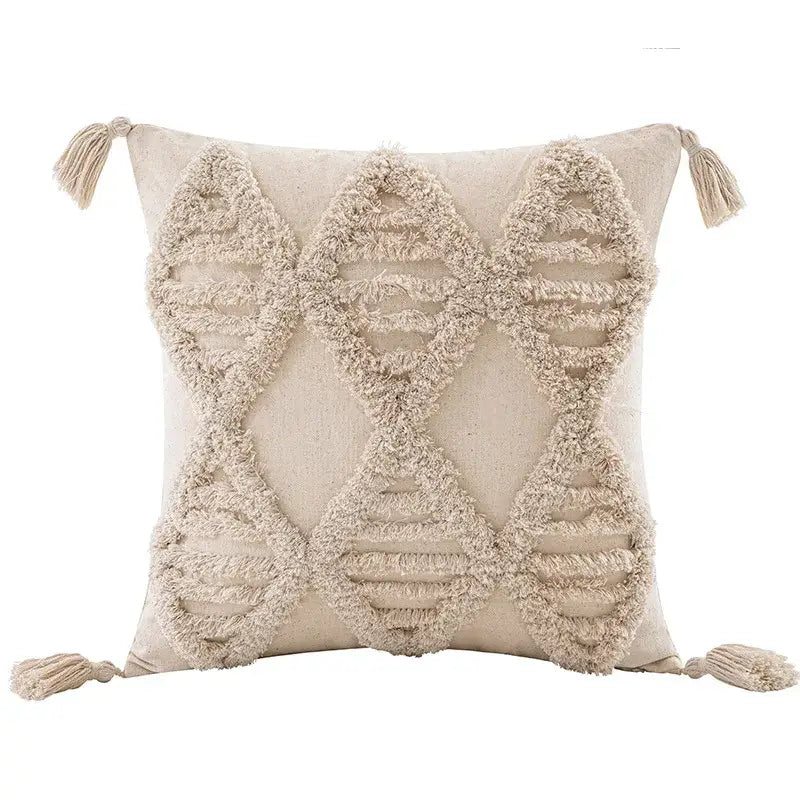 Beige white tufted boho beige throw pillow with textured fringed diamond appliqués and matching tassels for decorbites bedroom decor