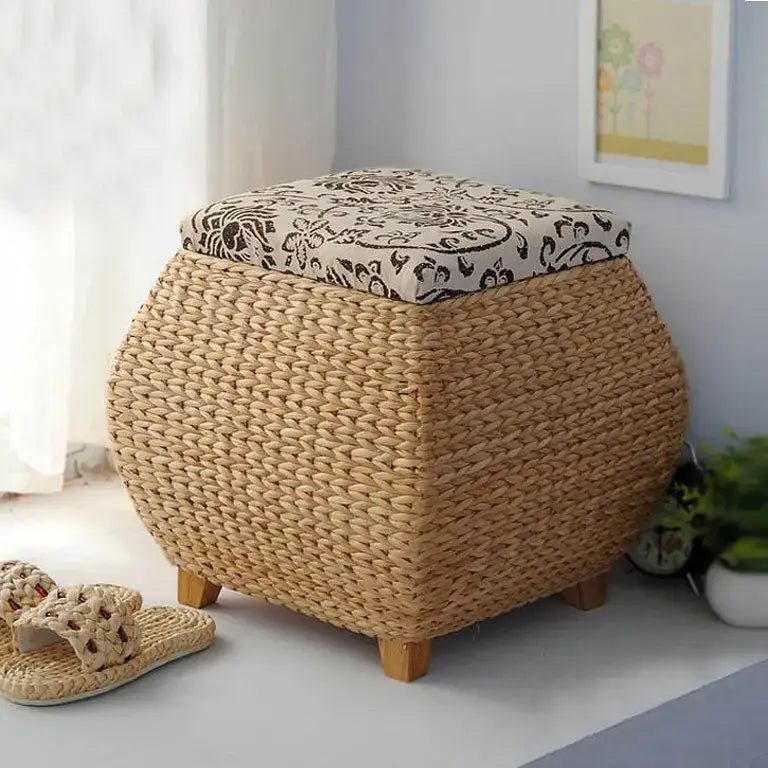 Boho beige woven rattan 3-in-1 storage stool with black and cream floral fabric top for bedroom or footrest use