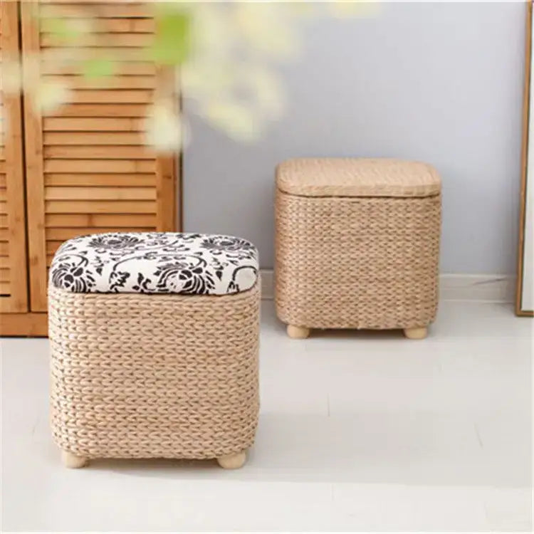 Boho beige woven rattan 3-in-1 storage stool with black and white floral upholstered top for bedroom footrest