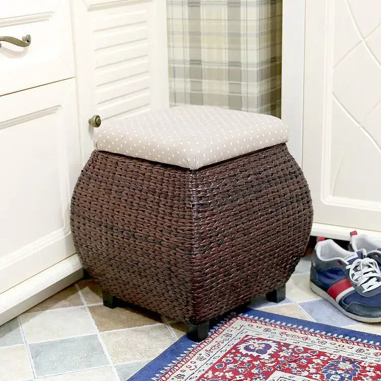 Brown woven rattan 3-in-1 storage stool with light beige cushion featuring white polka dots for bedroom use