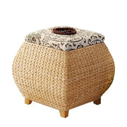 Beige woven rattan 3-in-1 storage stool with patterned fabric lid and wooden feet for bedroom footrest and storage