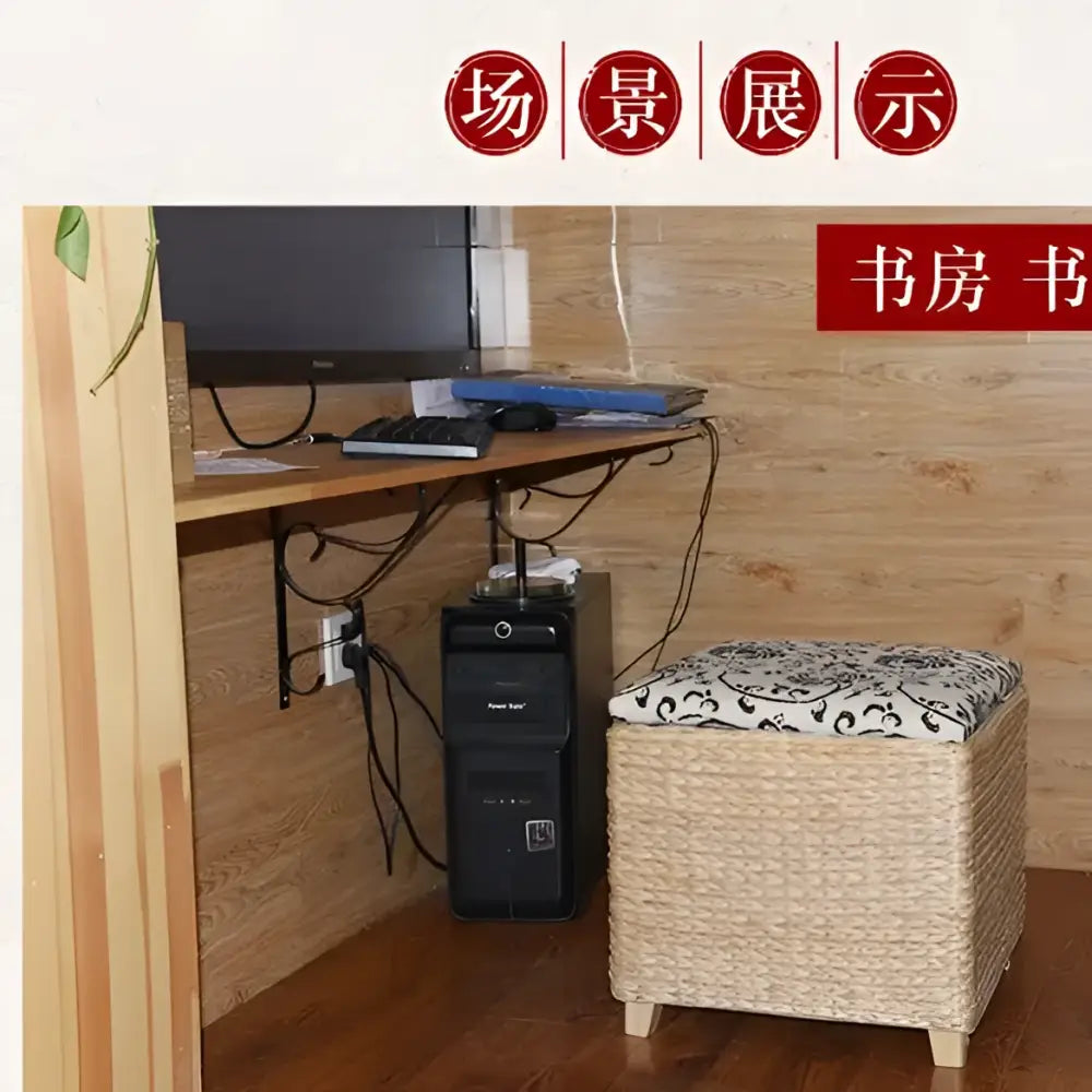 Boho beige woven rattan 3-in-1 storage stool with black and white patterned cushion for bedroom footrest and storage stool