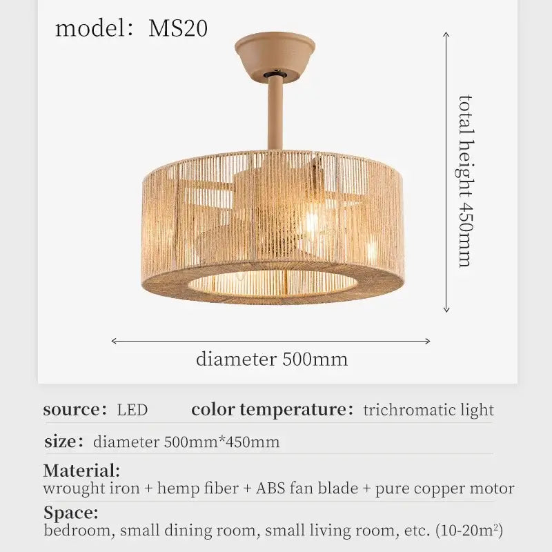 Boho beige woven rattan ceiling fan light with wooden finish and led trichromatic lighting for living room