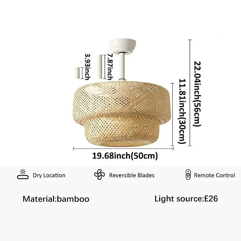 Boho beige woven rattan ceiling fan light with natural bamboo basketweave design and white mounting hardware for living room