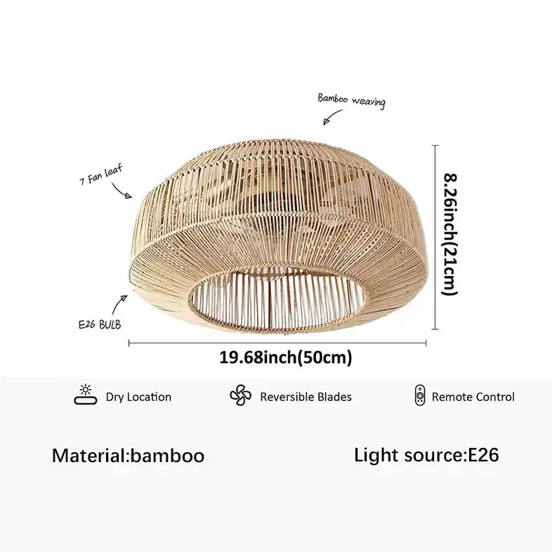 Boho beige woven rattan ceiling fan light with seven bamboo fan leaves in natural tan finish for dry locations