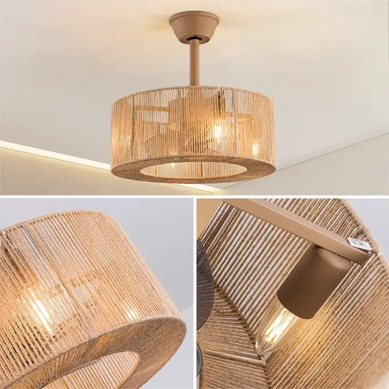 Beige woven rope ceiling fan light with cylindrical rattan shade and metallic mount for living room use