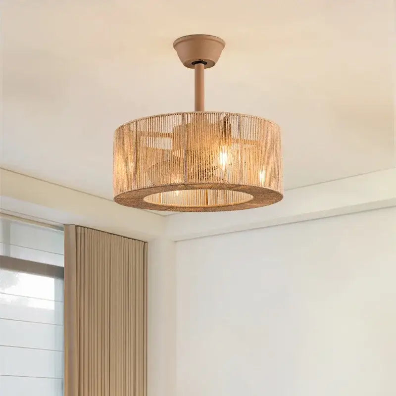 Boho beige woven rattan ceiling fan light with warm-toned matte bronze finish for living room ceiling fan light