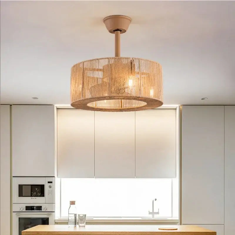 Boho beige woven rattan ceiling fan light with warm-toned cylindrical shade and sleek metal ceiling mount for living room