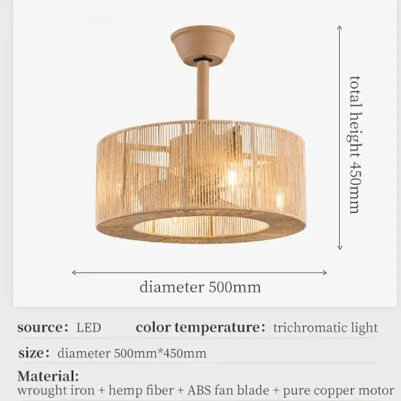 Boho beige woven rattan ceiling fan light with warm-toned cylindrical hemp fiber shade and wrought iron frame for living room