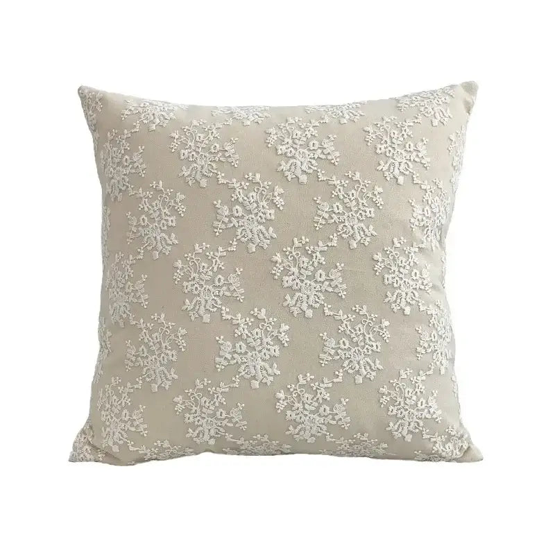 Beige square linen cotton pillow cover with intricate white lace floral embroidery for living room decor