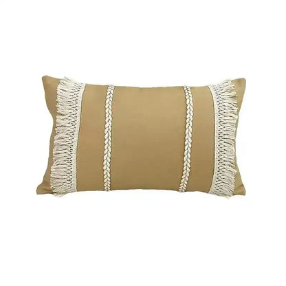 Beige linen cotton pillow cover with cream braided and fringed trim ideal for boho living room decor pillow covers