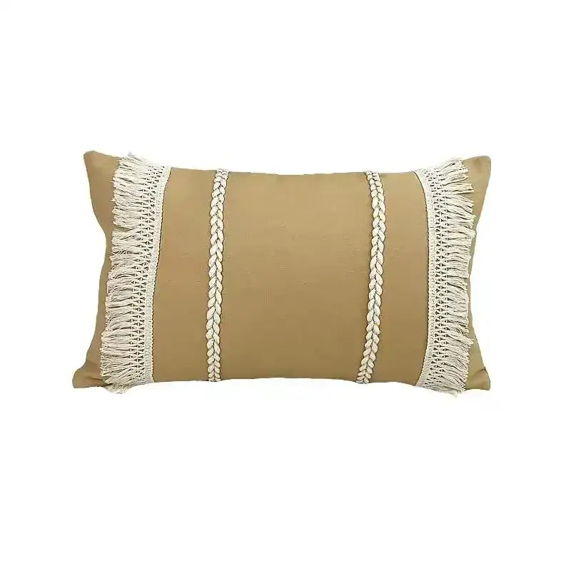 Beige linen cotton pillow cover with cream braided and fringed trim ideal for boho living room decor pillow covers