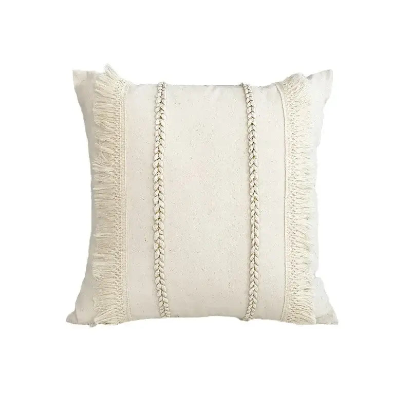 Off-white square linen cotton pillow cover with textured fabric, braided cords, and fringed edges for living room decor