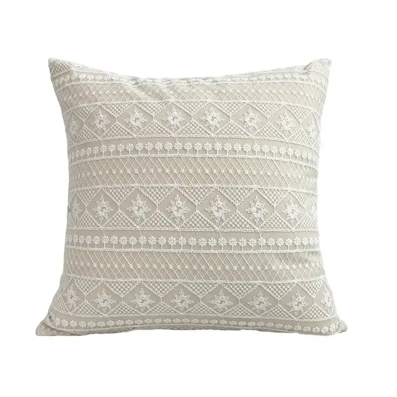 Boho beige and yellow linen cotton pillow cover with delicate off-white lace floral and geometric patterns for living room decor