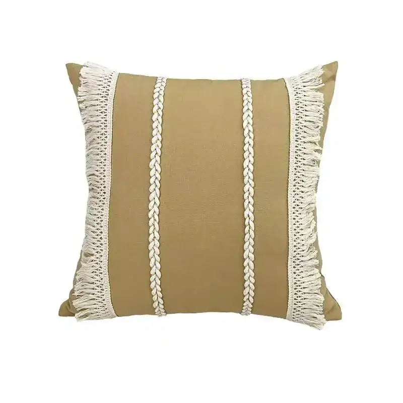 Beige square pillow cover with cream-colored braided and fringed trim made of linen cotton for living room decor