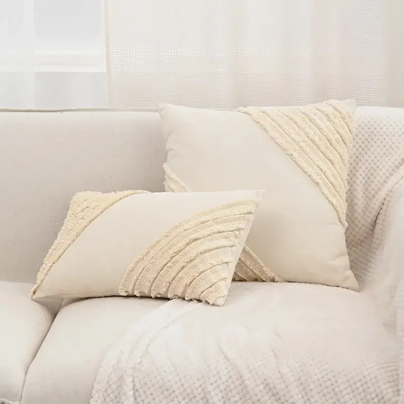 Cream-colored rectangular pillow covers with textured layered fringe made of linen cotton for living room decor