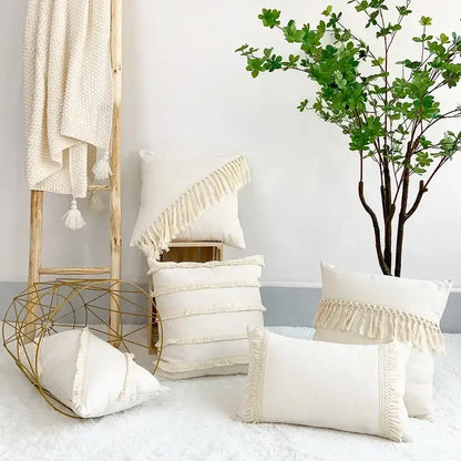 Cream-colored boho pillow cover with textured fringed edges in linen cotton for living room decor pillow covers