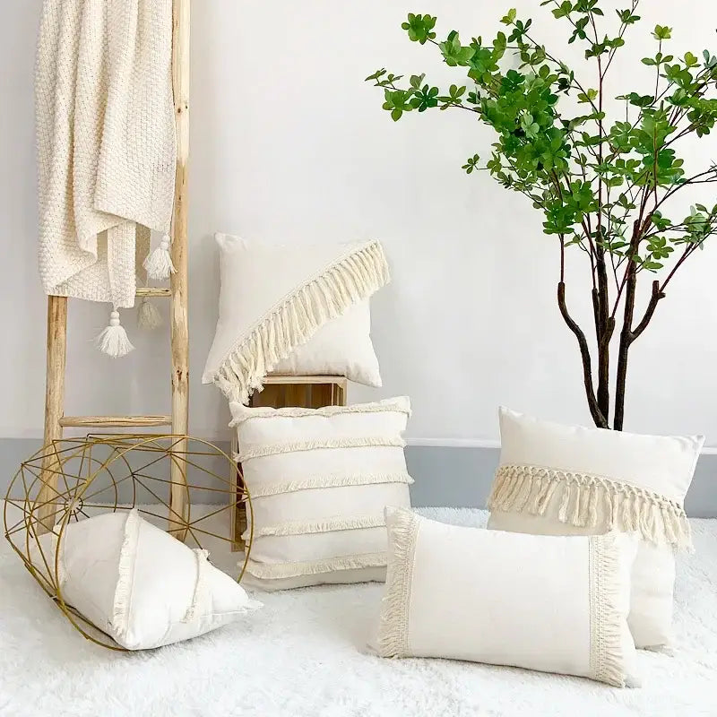 Cream-colored boho pillow cover with textured fringed edges in linen cotton for living room decor pillow covers