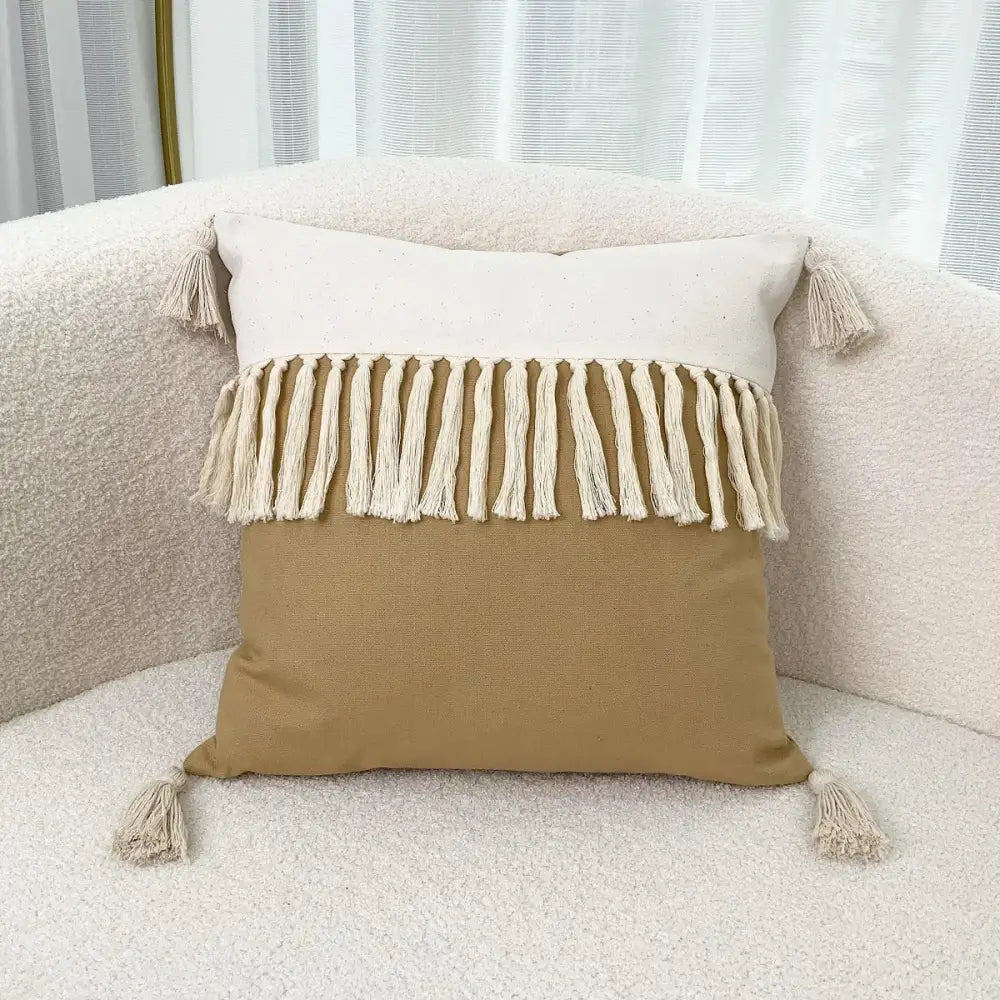 Beige and cream two-tone linen cotton pillow cover with fringe tassels for boho living room decor pillow covers