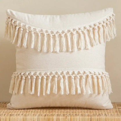 Cream-colored linen cotton pillow cover with hand-knotted macrame tassels for boho living room decor