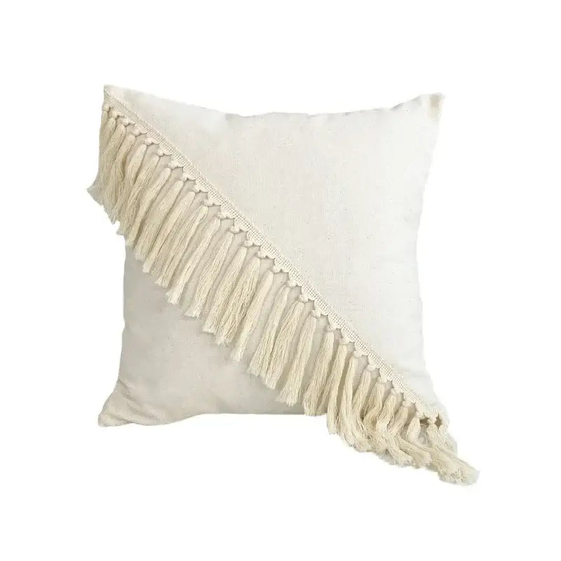 Cream-colored linen cotton pillow cover with diagonal fringe tassels for boho living room decor pillow covers