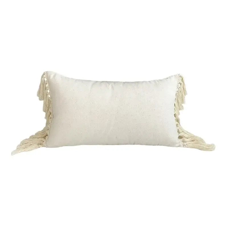 Cream-colored rectangular pillow cover with textured linen cotton fabric and decorative tassels for living room decor