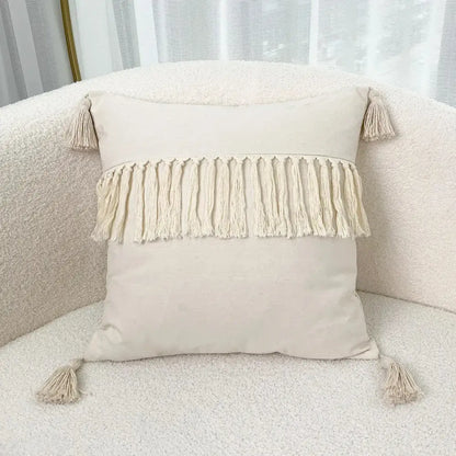 Cream-colored boho linen cotton pillow cover with fringe tassels and corner tassels for living room decor