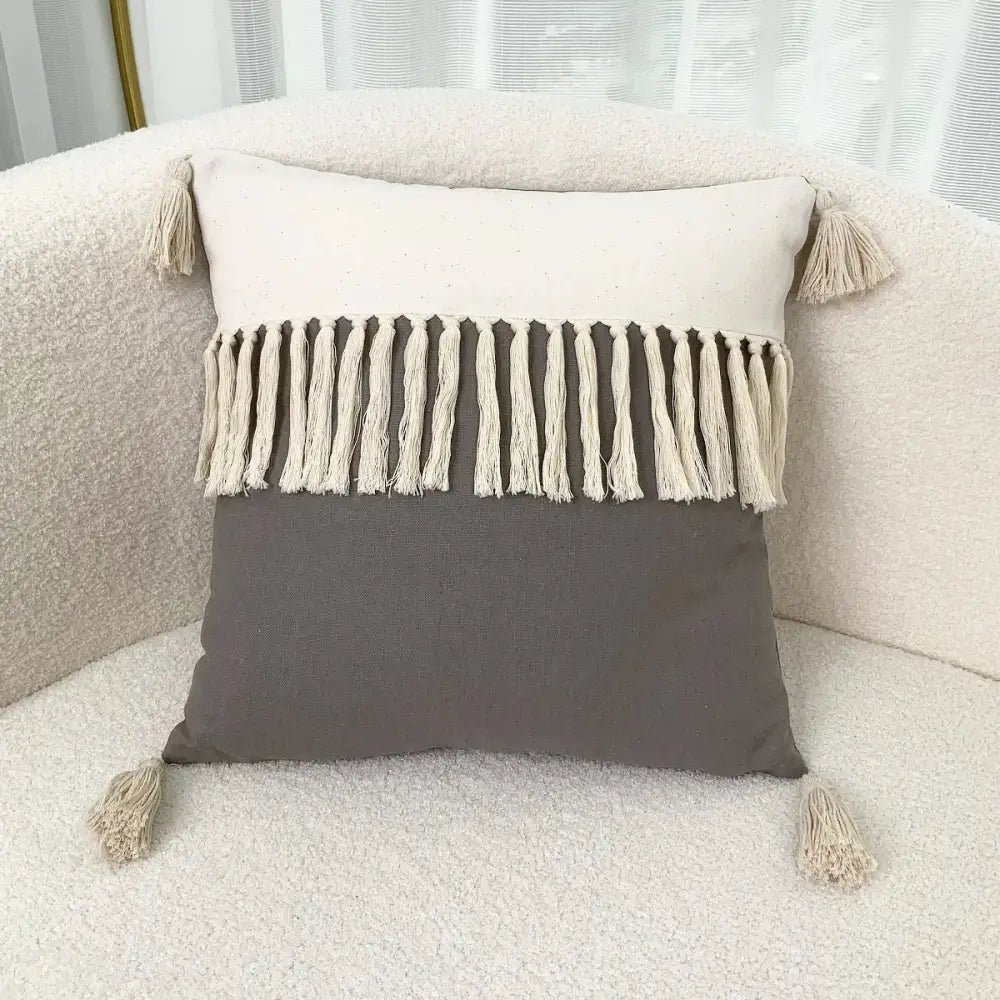 Beige and gray two-tone linen cotton pillow cover with cream tassels for boho living room decor pillow covers