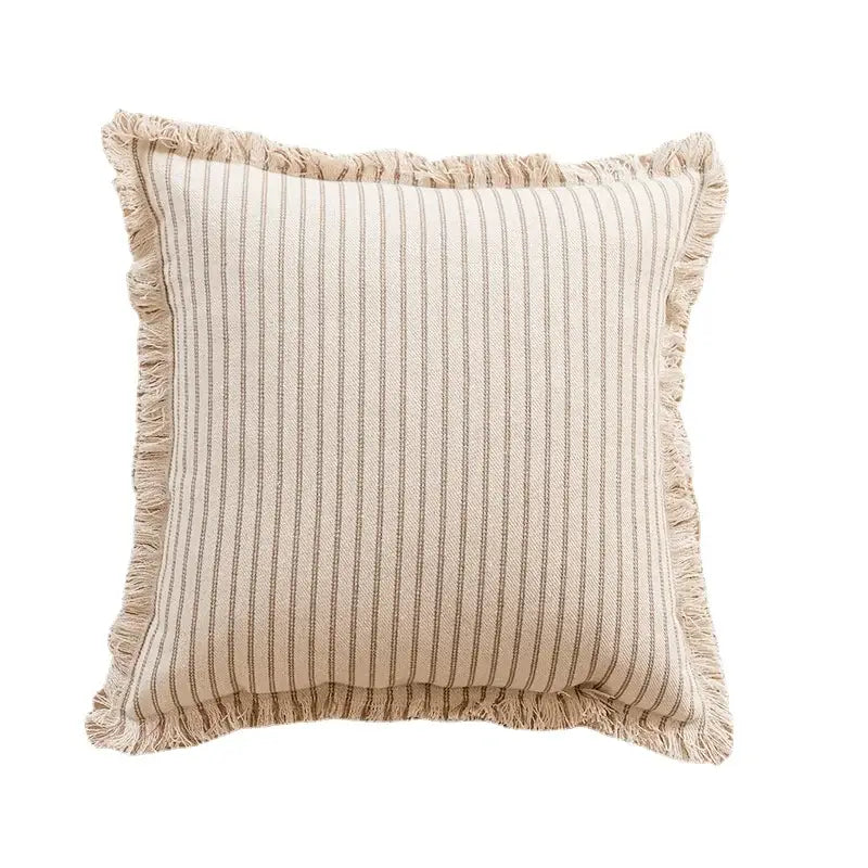 Beige and taupe vertical striped linen cotton pillow cover with frayed edges boho living room decor pillow covers