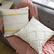 White textured pillow covers with frayed edges and yellow woven trim linen cotton pillow cover for living room decor