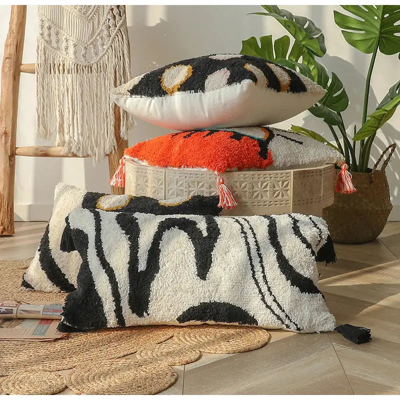 Black and white textured boho big eye tufted cushion covers with tassels for bedroom and living room decorbites boho big