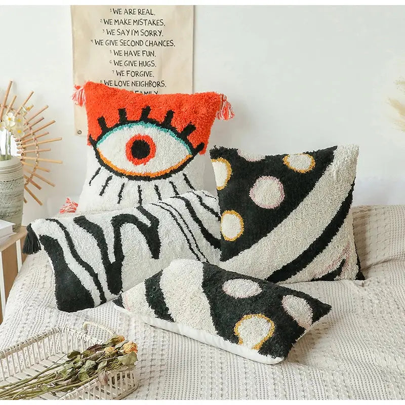 Orange and white textured boho big eye cushion cover with large embroidered design for bedroom and living room decorbites boho big