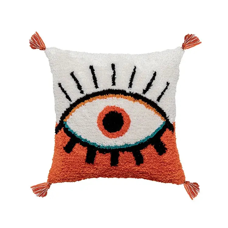 Plush boho big eye tufted cushion cover with orange iris and multicolor yarn tufts for bedroom or living room decorbites